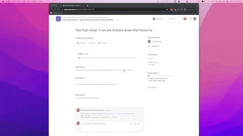 deleting a sub-goal takes you back to my company home