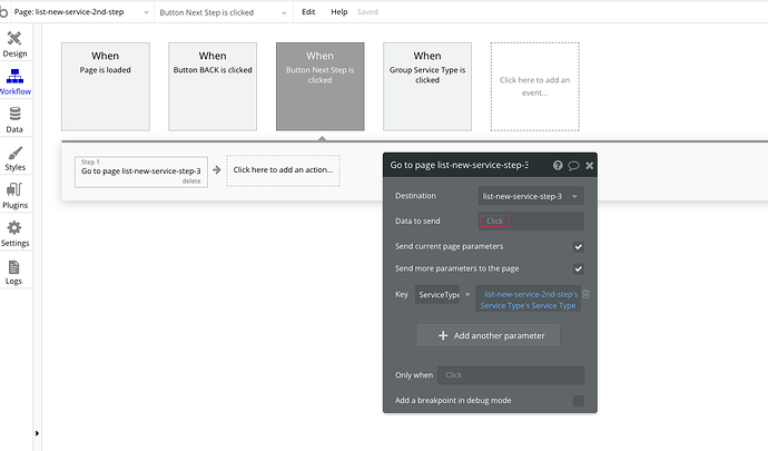 Step 2 - Page 2 - Passing Current Parameter (ServiceCategory) and New Parameter (ServiceType) to Page 3