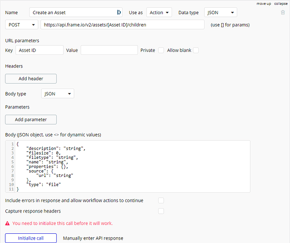Frame.io Create an Asset API Status code 400