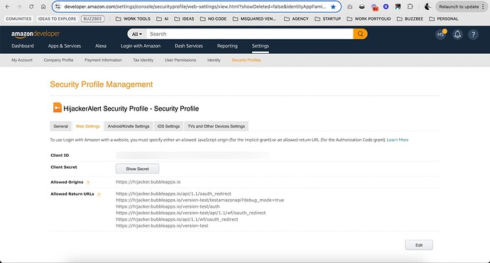 DEVELOPER CONSOLE WEB APP SETTINGS