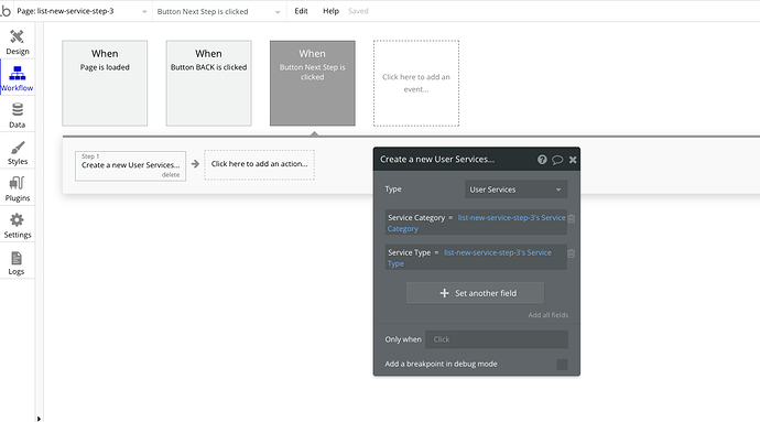 Step 4 - Page 3 - Create a New User Services Record and Storing Service Category and Service Type from Custom States