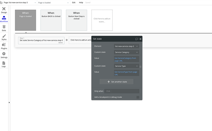 Step 3 - Page 3 - Retrieving Parameters and Storing in Custom States from Page 1 and 2 (ServiceCategory and ServiceType)