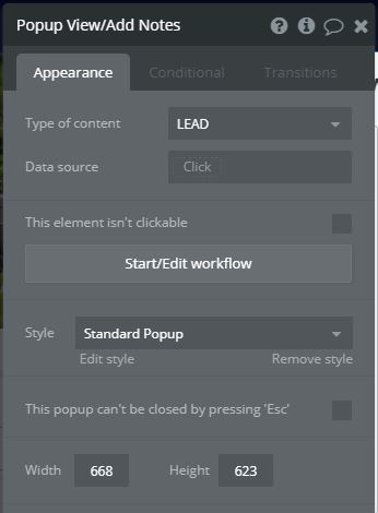 View Add Notes - popup settings