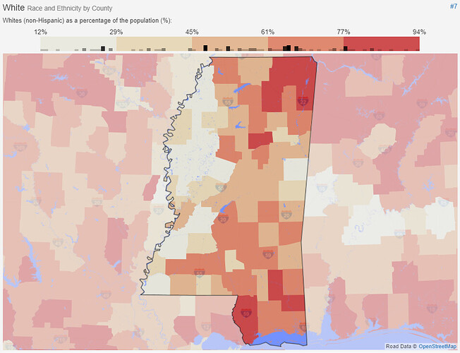 image Shaded map showing percentage of whites, and eastern half of the state is generally more filled with whites with small percentages of whites in the western half of the state.