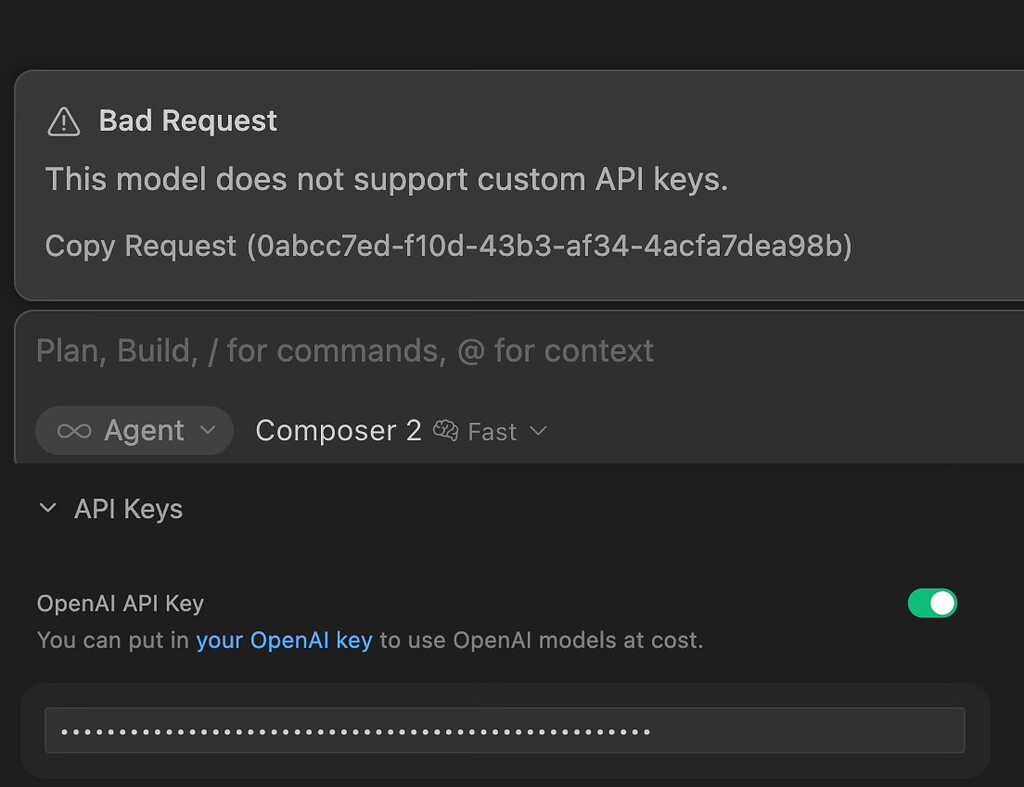 Composer 2 broken when custom OpenAI API Key is enabled - Bug Reports ...
