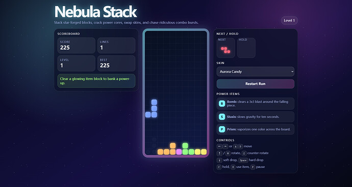 Nebula Stack in the browser — falling blocks, three skins, three powerups, single HTML file, zero dependencies