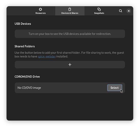 GNOME Boxes VM preferences