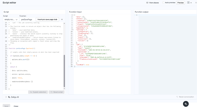 The image shows a script editor interface with sections for writing code, function input, and function output. (Captioned by AI)