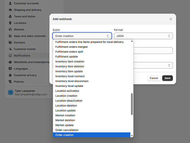The image shows a software interface for adding a webhook, with a dropdown menu displaying various events like 'Order creation' and 'Fulfillment update' in JSON format. (Captioned by AI)