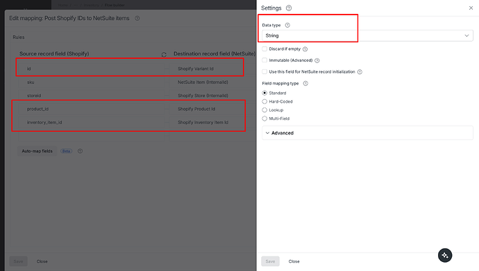 The image shows a software interface for mapping Shopify fields to NetSuite items with highlighted settings for data type and field mapping options. (Captioned by AI)