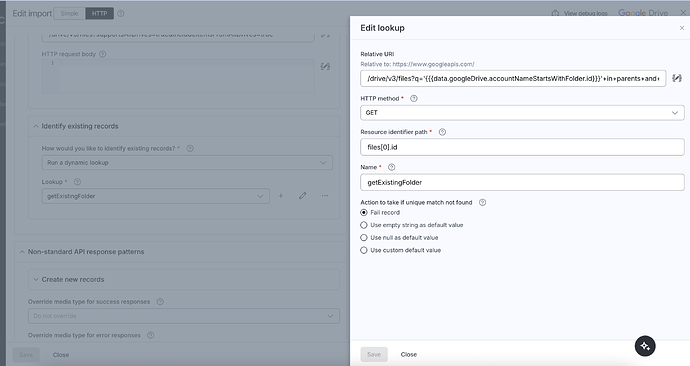 A user interface screen showing the settings for editing an HTTP lookup operation with fields for URI, HTTP method, resource identifier path, name, and error action options. (Captioned by AI)