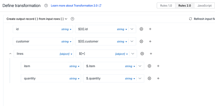 The image depicts a user interface for defining data transformations with mappings for fields such as 'id', 'customer', 'lines', 'item', and 'quantity'. (Captioned by AI)