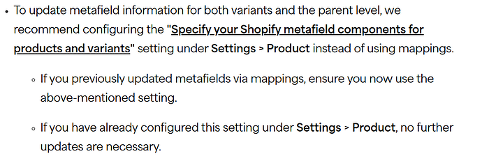The image provides instructions on updating Shopify metafield information by configuring a specific setting under "Settings > Product" instead of using mappings. (Captioned by AI)