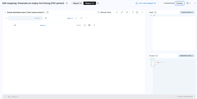 The image shows a software interface for editing mappings, specifically generating an empty line using a CSV parser with input and output sections. (Captioned by AI)