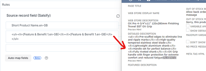 The image shows a screenshot of a web interface for editing product descriptions, focusing on a trowel with its features listed, such as pre-scuffled edges and high-quality stainless steel blade. (Captioned by AI)