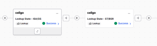 The image shows a Celigo integration flow with two blocks labeled "Lookup State - ISA/GS" and "Lookup State - ST/BSR," both indicating a successful lookup. (Captioned by AI)
