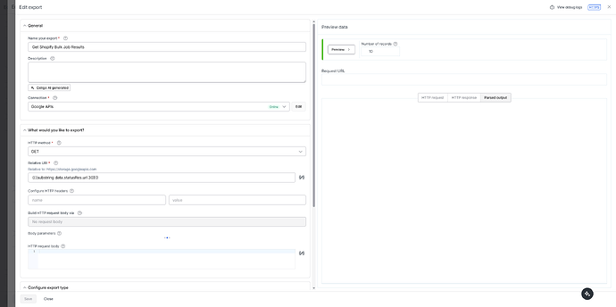 The image shows a software interface for editing an export with fields for API connection, HTTP request settings, and a preview data pane. (Captioned by AI)