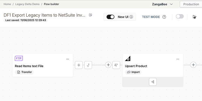 A flow builder interface shows a process for exporting legacy items to NetSuite involving FTP transfer and product upsertion steps. (Captioned by AI)