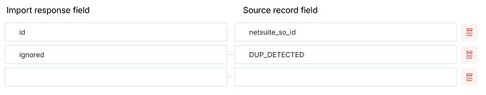 The image shows a mapping interface with 'Import response field' on the left and 'Source record field' on the right, displaying two entries: 'id' mapped to 'netsuite_so_id' and 'ignored' mapped to 'DUP_DETECTED', each with a delete icon. (Captioned by AI)
