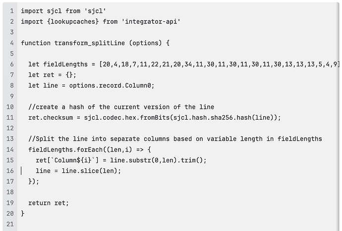 The image shows JavaScript code defining a function to split a string into columns based on predefined lengths, creating a hash of the string's current version. (Captioned by AI)