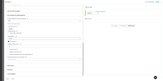 The image shows a software interface for configuring an export setup, with options for file type, custom delimiter, and record preview. (Captioned by AI)