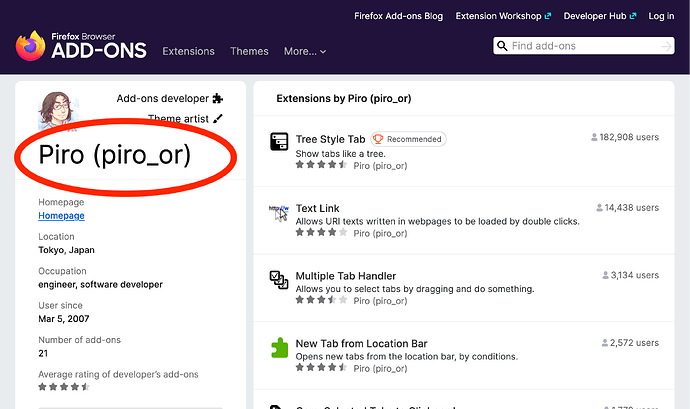 Screenshot of Piro's profile page on addons.mozilla.org