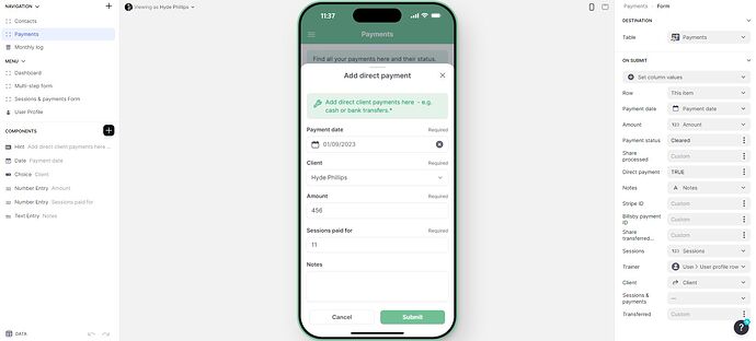 Payments form screenshot