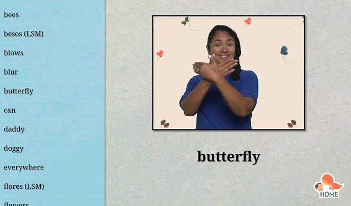 Screenshot of a glossary. A video of a woman making the sign for butterfly is to the right of a list of words
