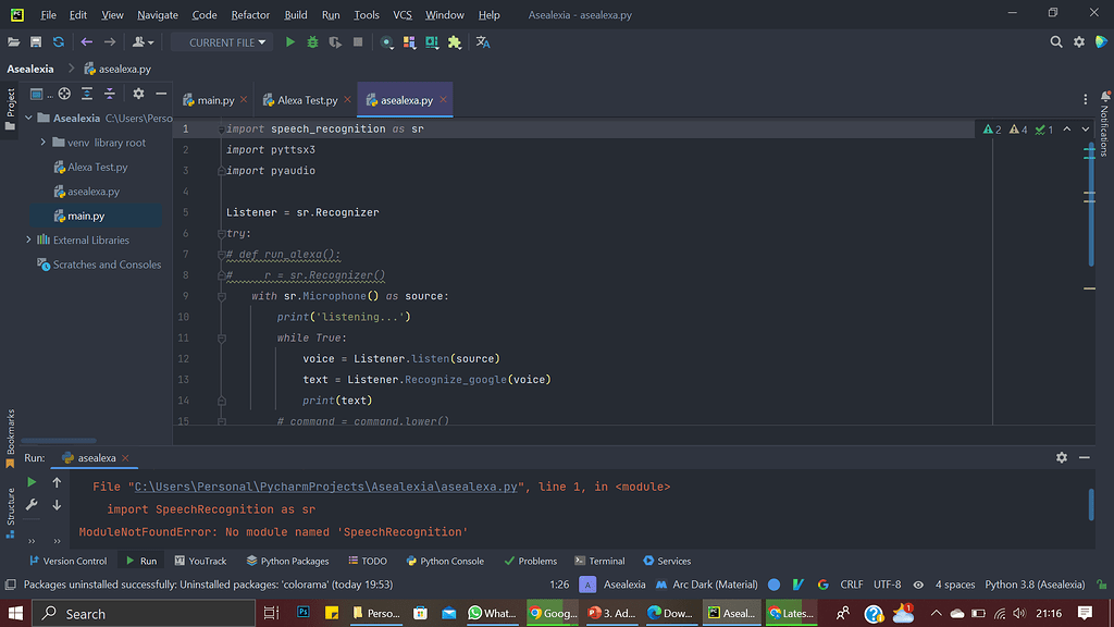 Speech recognition package and other packages not importing on pycharm ...
