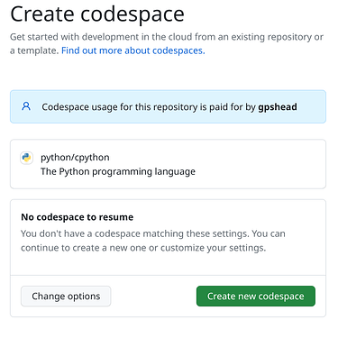 The Github Create Codespace interstitial after hitting the "," key on a PR