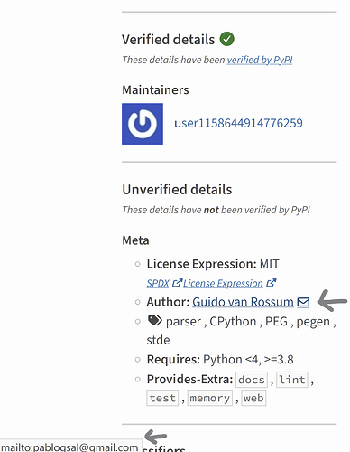 Screenshot of wrong author & email
