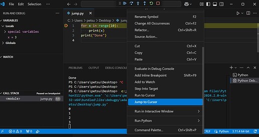 VSCode debugger: Jump to Cursor