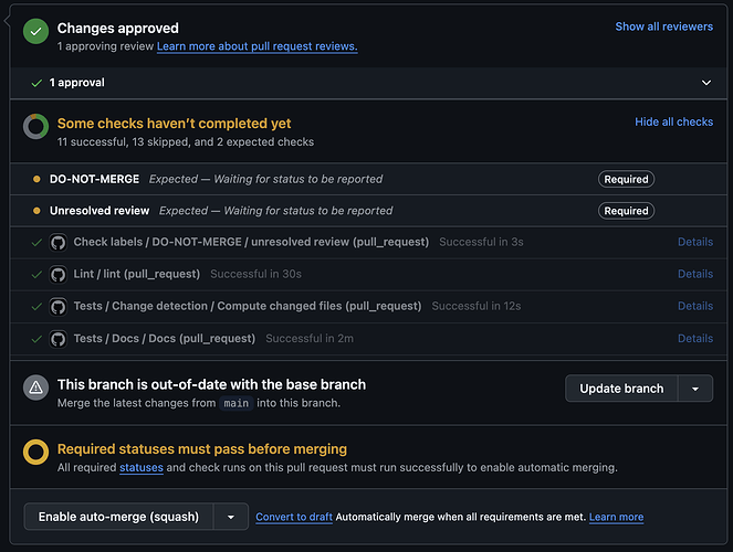 Status checks waiting for DO-NOT-MERGE and Unresolved review
