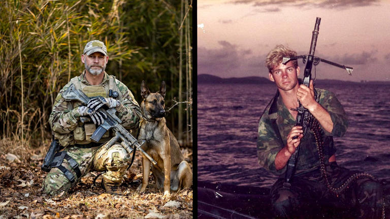 Mike Day with his dog Herja (left) and during training on Pineros Island, Puerto Rico. Photos via @mikeday5326/Instagram.