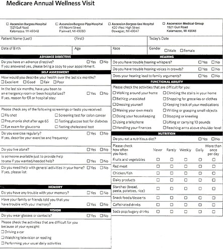 Medicare Wellness Form Page 1