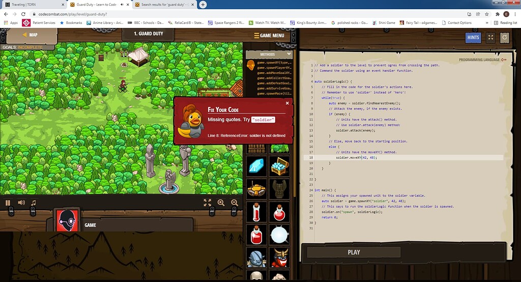 [SOLVED] Guard Duty in C++ - Level Help