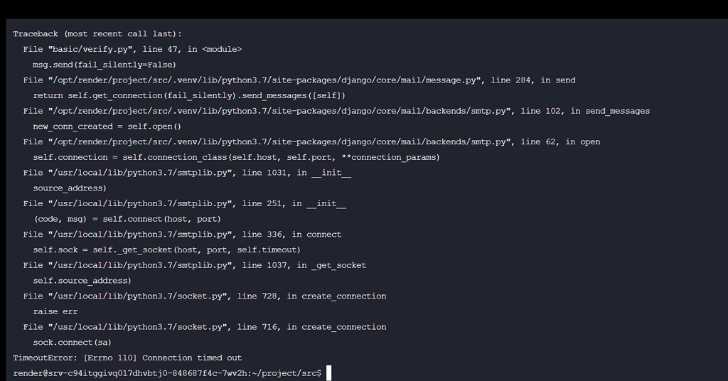Connection timed out for email render