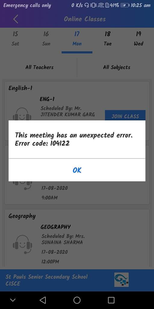 The Meeting has as unexpected error. Error Code 104122 - Android