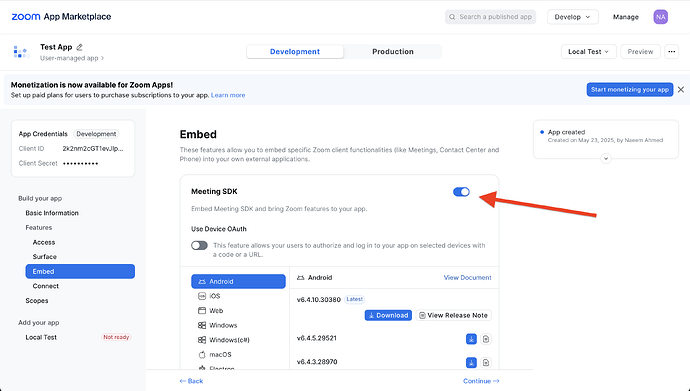 Embed -> Meeting SDK