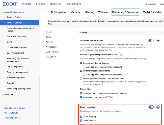 Cloud recording settings
