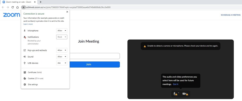 Join Zoom meeting in browser - Unable to detect a camera or 