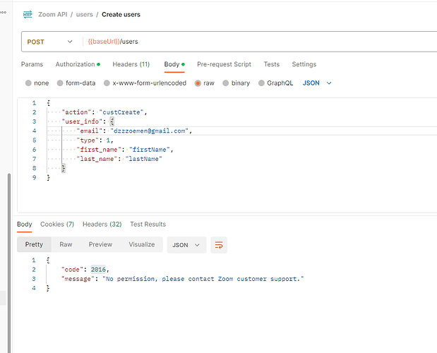 zoom create user error response