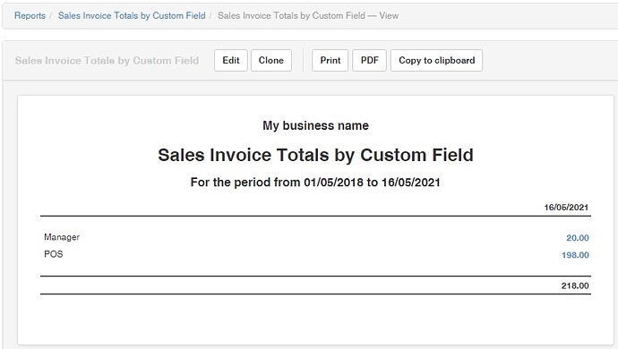 05 Sales invoices by custom field also displays totals and allows drill down