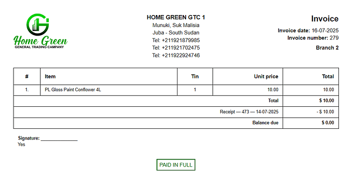 Branch 2 Sales invoice not paid