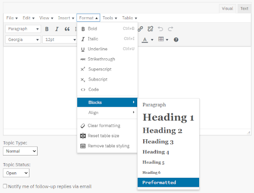 Visual editor Format Blocks Preformatted