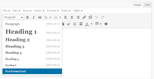Visual editor dropdown Preformatted