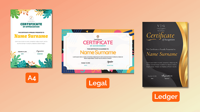 A4 Portrait, Legal Landscape, and Ledger Landscape PDF Certificate examples for Gravity PDF