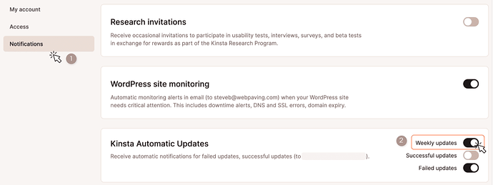 A screenshot showing the dialog for managing alerts from Kinsta Automatic Updates.
