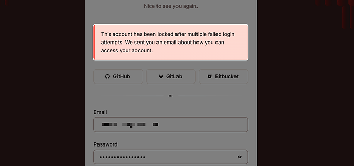 Account lockout notification displayed in the MyKinsta interface.