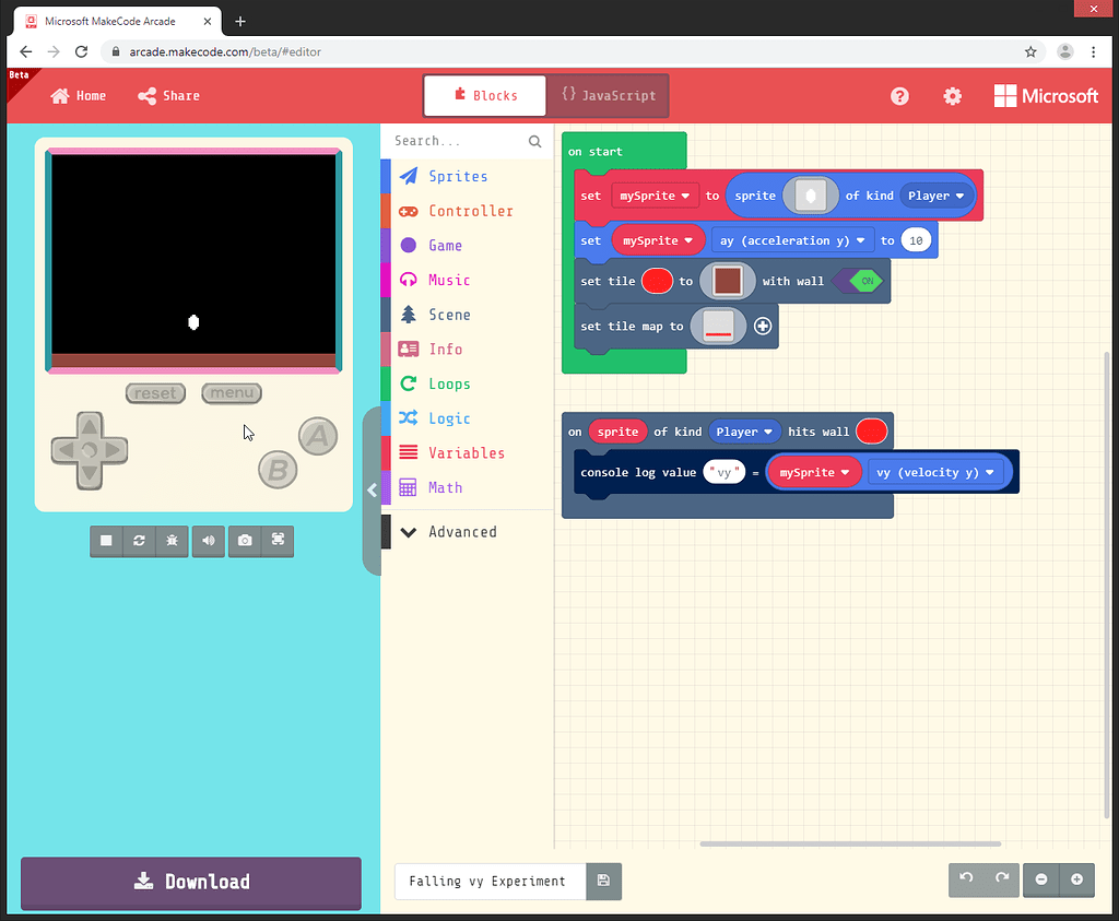 Wall collisions and sprite vy - Arcade - Microsoft MakeCode